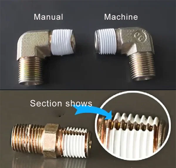 Voorbeeldweergave van pijpdraden, PTFE-tapewikkelmachine, pijpdraden, teflon-tape-wikkelmachine, klepfittingen, teflon-tape-wikkelmachine, schroefverbindingen, PTFE-tape-wikkelmachine, loodgietersfittingen, teflon-tape-wikkelmachine, waterzuiveringsconnectorteflon-tape-wikkelmachine, hydraulische oliepijpfittingen 