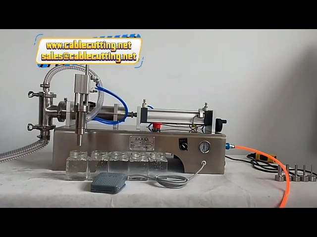 Kleine horizontale handmatige bottelmachine voor sap en wasmiddel - Enkelkoppig pneumatisch vulsysteem